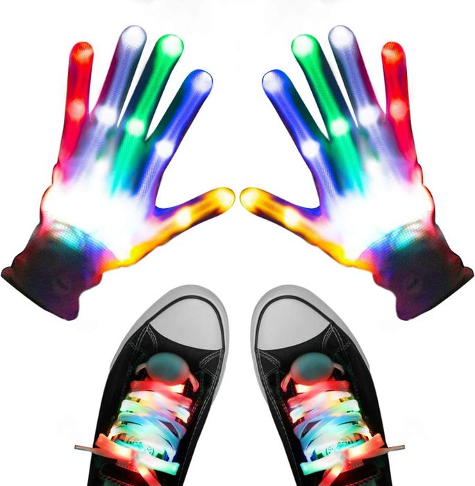 Top-down view of light-up gloves and shoelaces