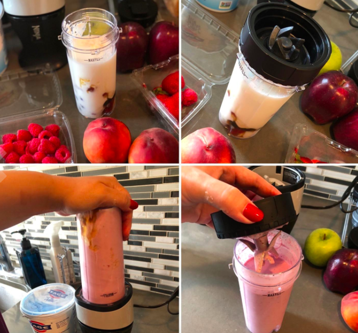 Step-by-step visuals demonstrating how to prepare a smoothie with the Ninja blender