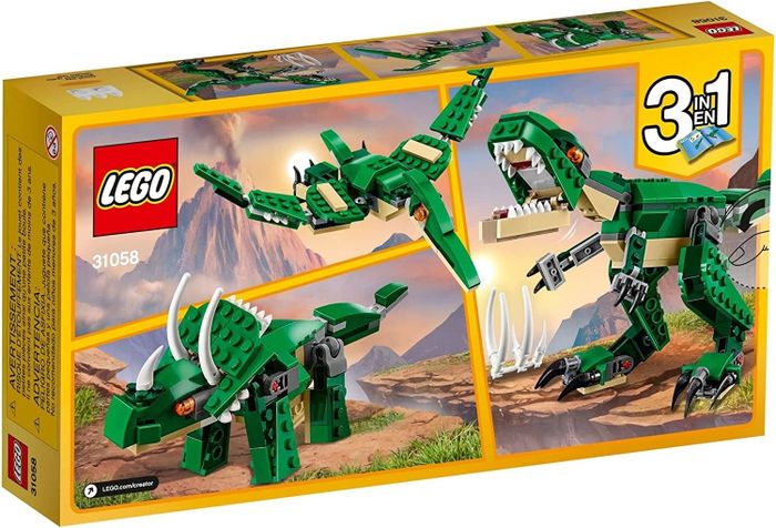 Packaging for the green Lego 3-in-1 dinosaur toy set