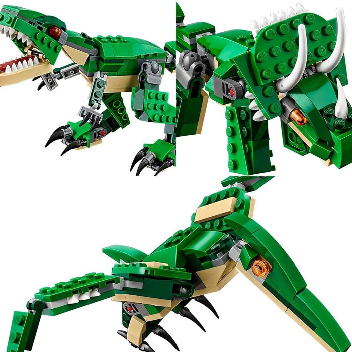 A split image showing the three different dinosaur builds from the Lego set