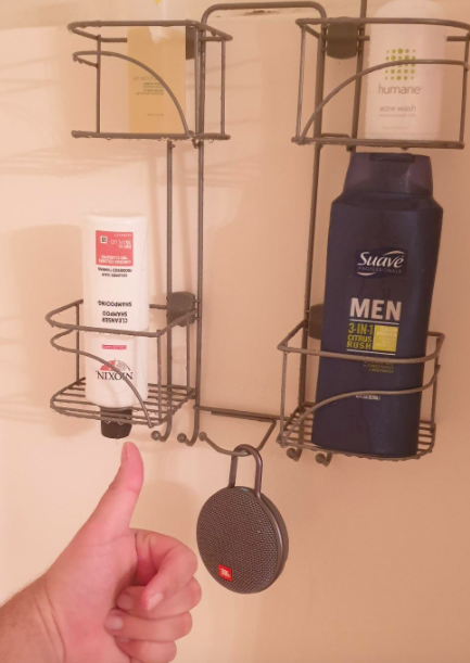Photo of the speaker hanging in a reviewer’s shower