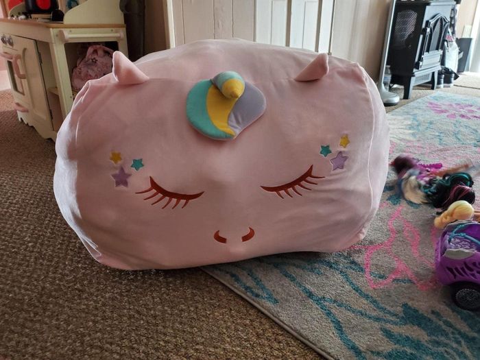 The beanbag, now filled with stuffed toys