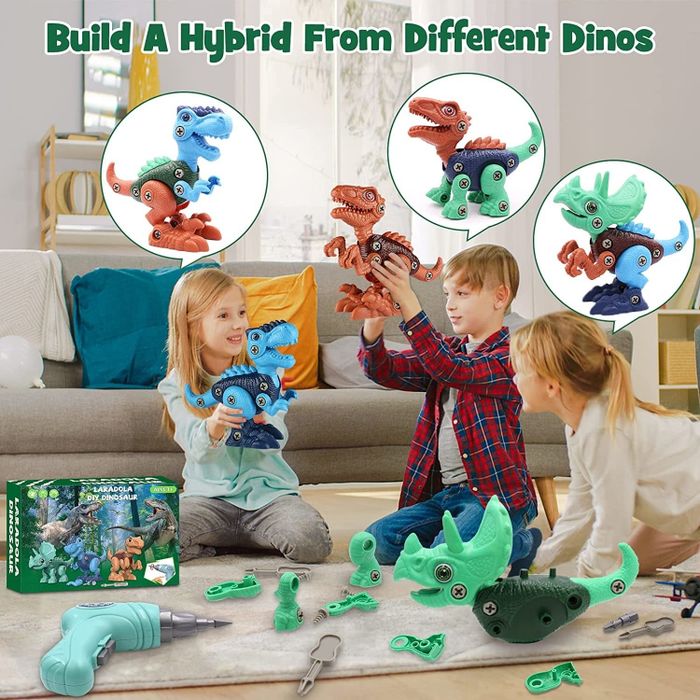 Children happily playing with dinosaur toys, demonstrating how the parts can be mixed and matched to create new combinations.