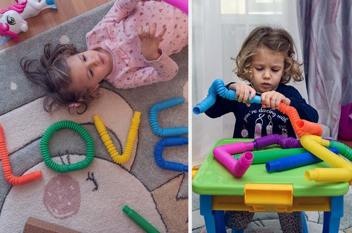 Split image of a child model playing with colorful tube toys and forming words with them