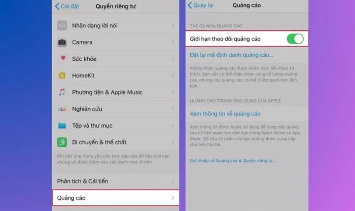Kích hoạt giới hạn theo dõi quảng cáo