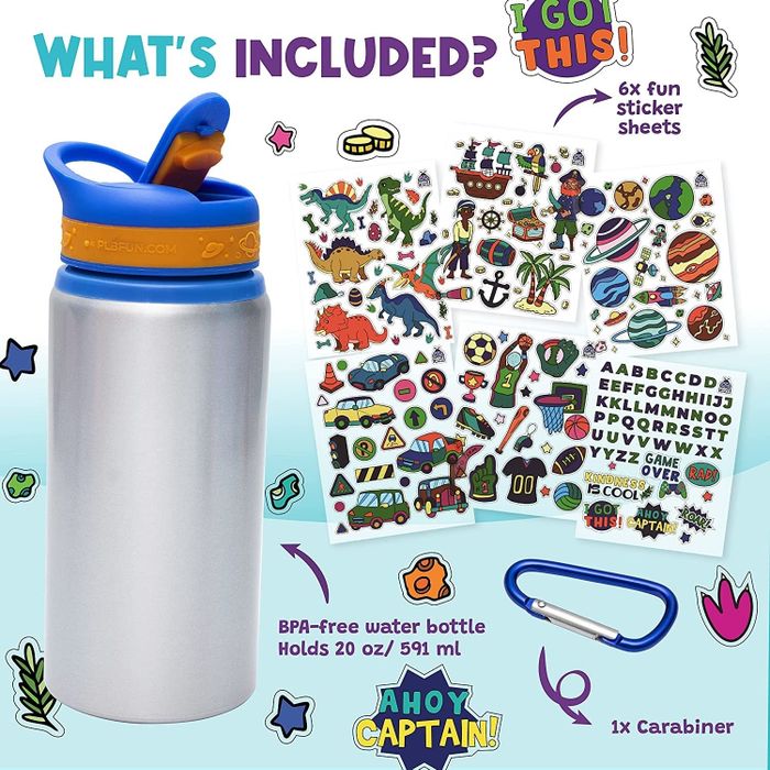 Image of a bottle before stickers are applied and the sticker sheet