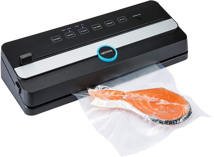 The vacuum sealer in action, sealing a bag containing a fish fillet