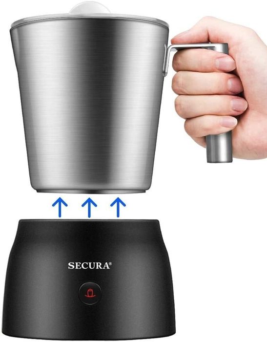 A person is shown detaching the electric milk steamer after use.