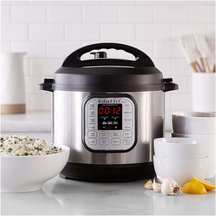 An Instant Pot displayed on a kitchen countertop.