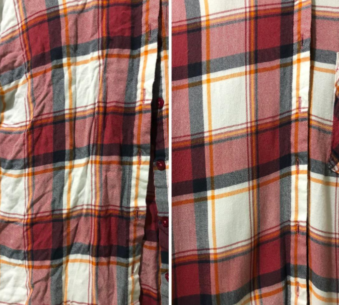Plaid flannel shirt shown before and after steaming