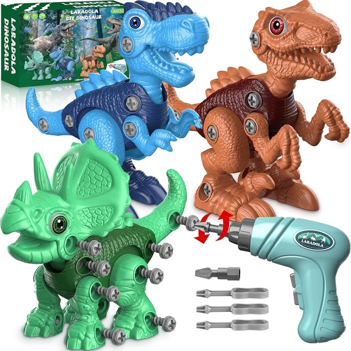 Three colorful dinosaur toys, accompanied by a toy drill, screws, bits, and the packaging.