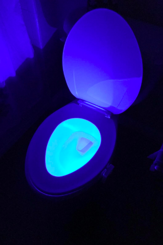 A reviewer’s photo showing a toilet in the dark with the bowl illuminated in blue