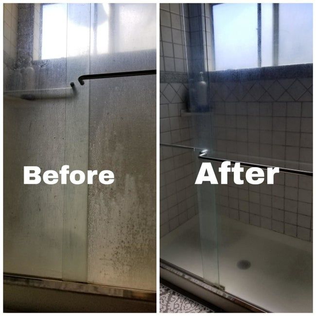 Before and after images from a reviewer demonstrating how the cleaner effectively removes hard water stains from a glass shower door