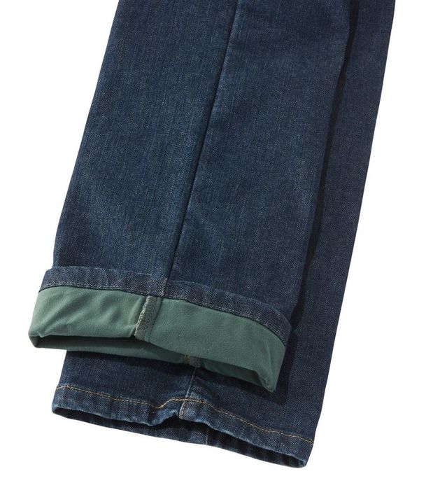 close-up view of the jean hem, highlighting the fleece lining