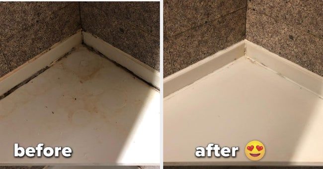 reviewer's before photo of a shower corner covered in mold and mildew, followed by an after photo showcasing a nearly spotless shower corner