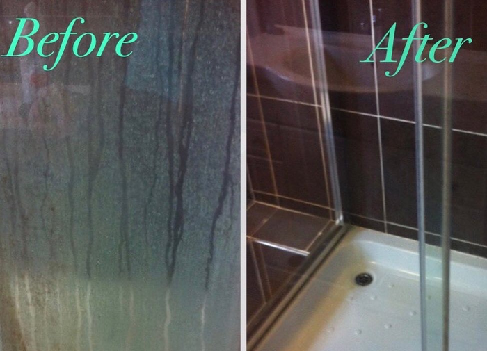 Transformation images of a shower, from soap scum buildup to pristine cleanliness