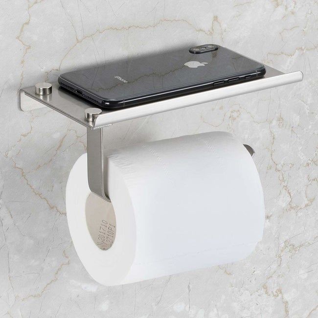 A toilet paper holder with a stainless-steel shelf on top, spacious enough to hold your phone securely.