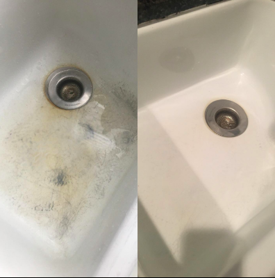 image showing a stained porcelain sink followed by the pristine clean version