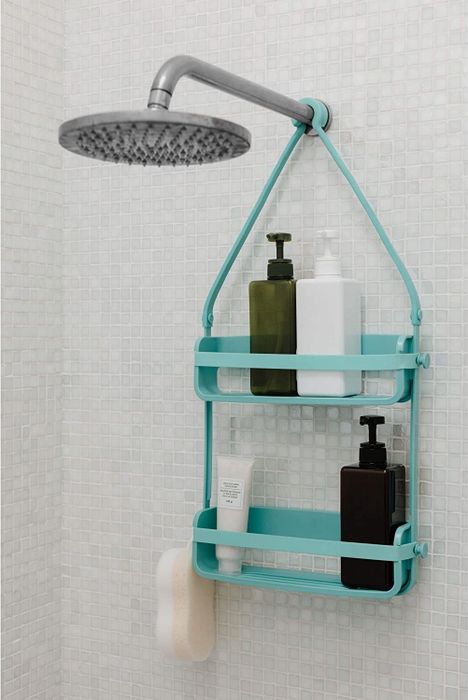 two-tier shelf hanging from the shower head