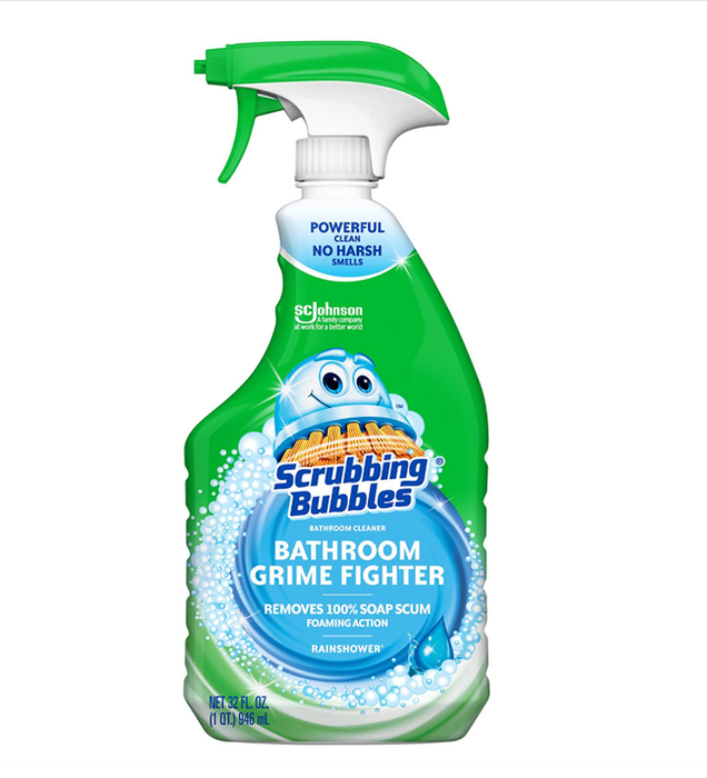 A green bottle featuring a scrubbing brush illustration against a white backdrop