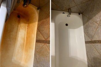 A reviewer's before-and-after photo showing an extremely rusty tub transformed into a spotlessly clean one
