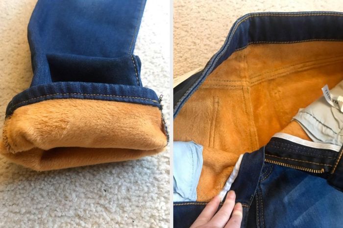 Collage of reviewer photos showcasing the bright orange fleece lining inside jeans