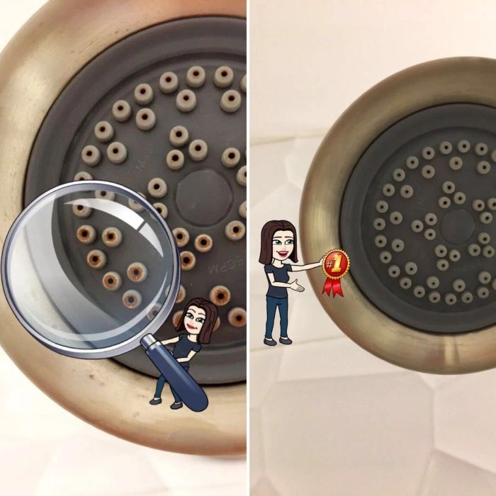 before photo of a shower head covered in mineral deposits and mildew; after photo showing it completely clean