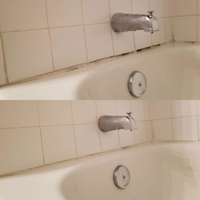 Before photo of a reviewer’s tub tiles covered in black mold and mildew; after photo shows the same tiles completely clean
