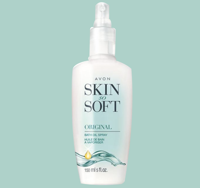 spray bottle labeled 'skin so soft'
