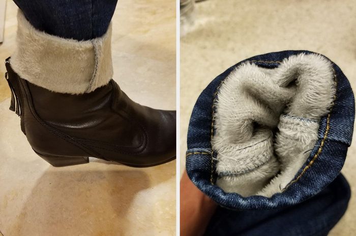 Collage of reviewer photos featuring cuffed jeans with white fleece visible inside
