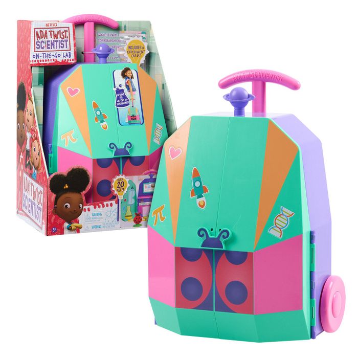 The scientist lab set neatly stored inside a rolling case designed to resemble rolling luggage, making it easy for your child to carry and organize their experiments.