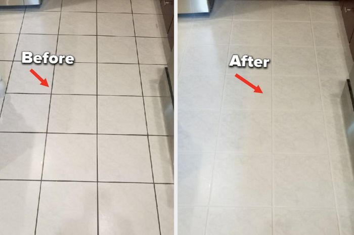 Transformation images of a floor, from grimy grout to spotless cleanliness