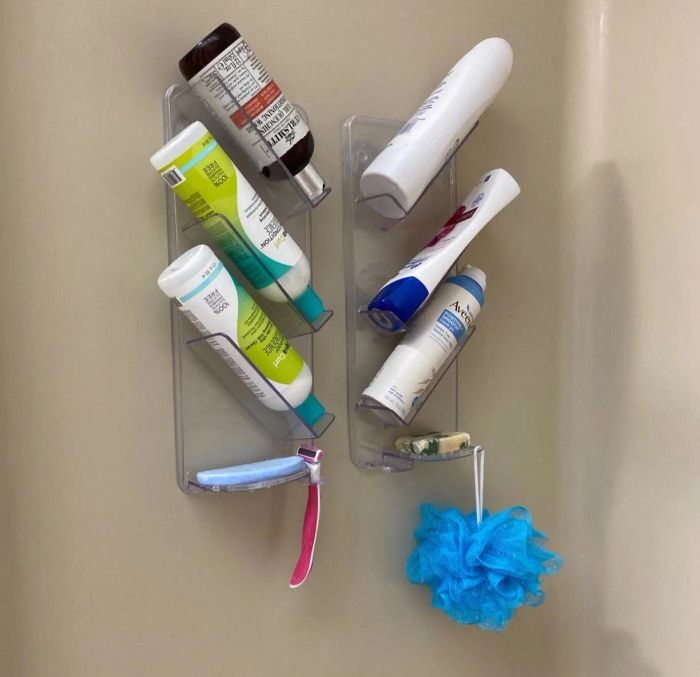 Photo of the caddy holding six bottles and various other bathroom essentials