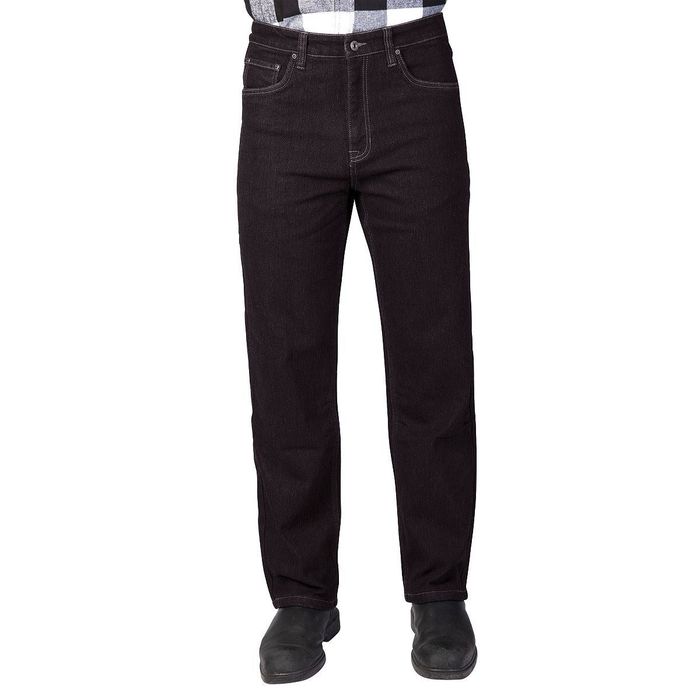 The lower half of the model features straight-cut black jeans.