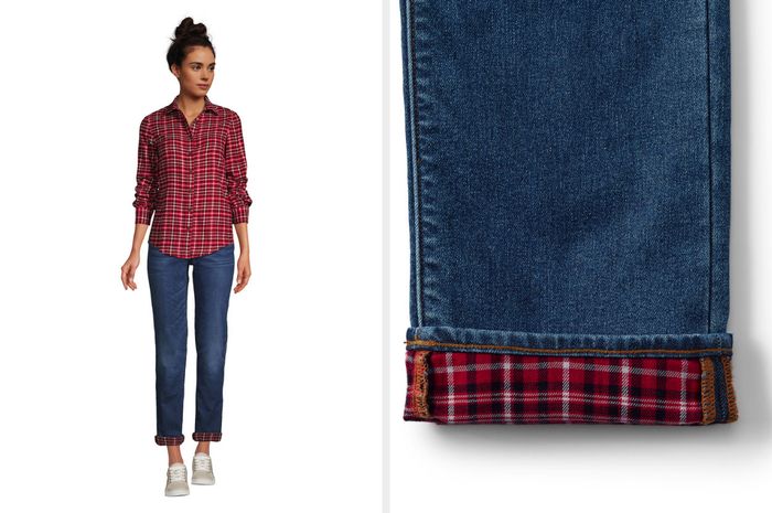 A collage showing the model wearing flannel-lined jeans, along with a close-up image of the soft flannel lining inside the jeans.