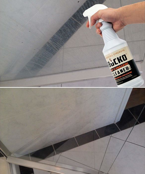 A person spraying a soap-scum-covered shower door, followed by the spotless shower door.