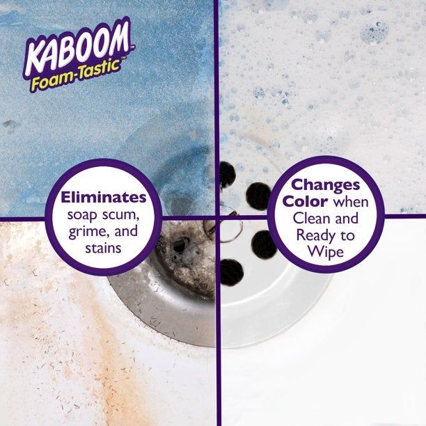 A four-part image demonstrating Kaboom's effectiveness on a shower drain