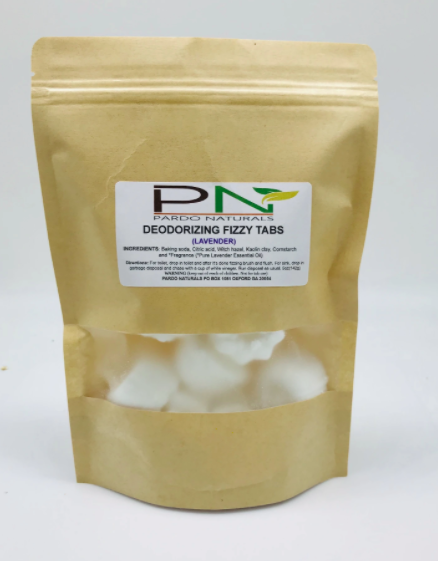 White deodorizing fizzing tablets with a lavender scent, packaged in a brown wrapper.