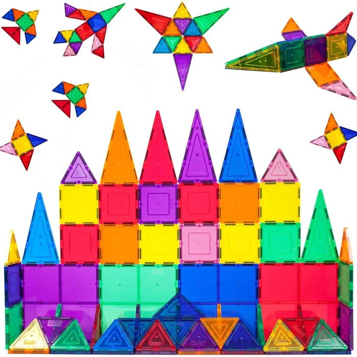 Brightly colored square and triangular magnetic tiles arranged into various shapes