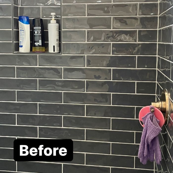 Before image showing a collection of mismatched shampoo and conditioner bottles.