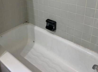 On the right, the same bathtub appears spotless after using the 2-in-1 bath and tile brush.