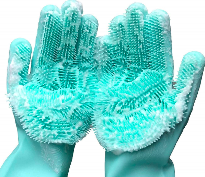 Model demonstrates light blue cleaning sponge gloves, featuring silicone bristles on the palms for extra scrubbing power.