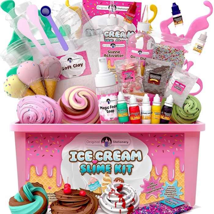 The contents of the ice cream slime kit laid out for display