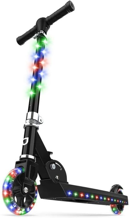 A black scooter illuminated with colorful lights