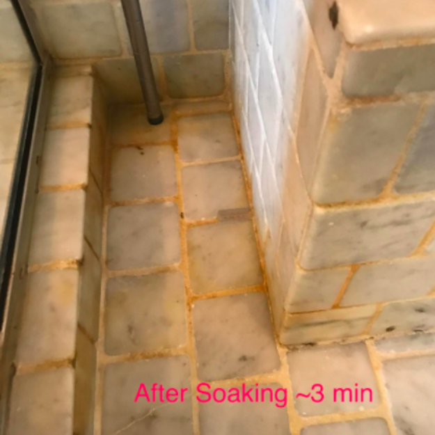 The tile showing grime starting to fade, with the note 'After soaking ~3 minutes'.
