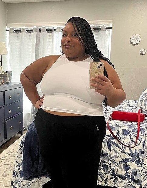 reviewer wearing the top
