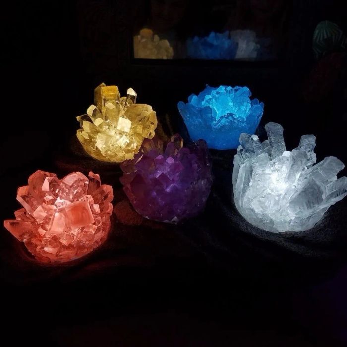 crystals illuminated in a spectrum of vibrant colors