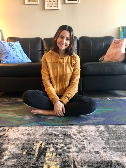 Here I am, rocking the yellow cropped hoodie and joggers on my yoga mat