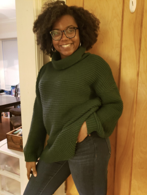 Another reviewer wears the olive green turtleneck, adding a touch of elegance to their fall look.