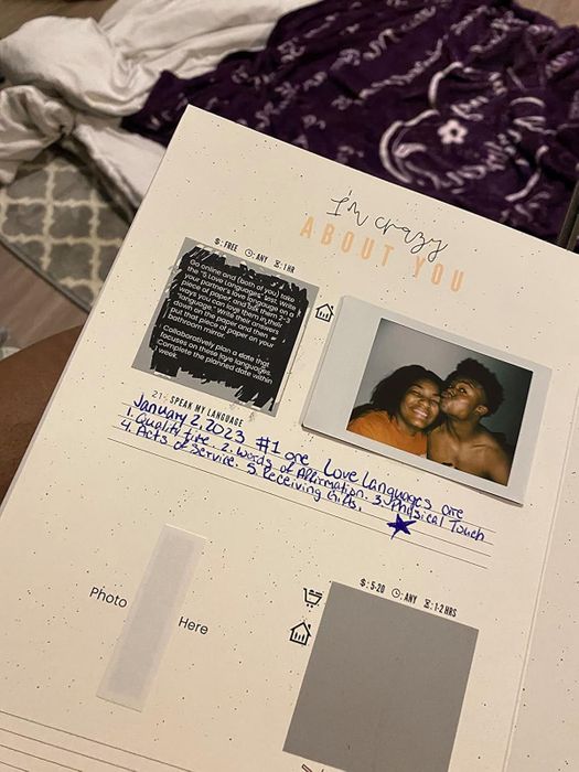 A journal page showcasing a handwritten note about love languages, a printed photo of a couple, and decorative touches